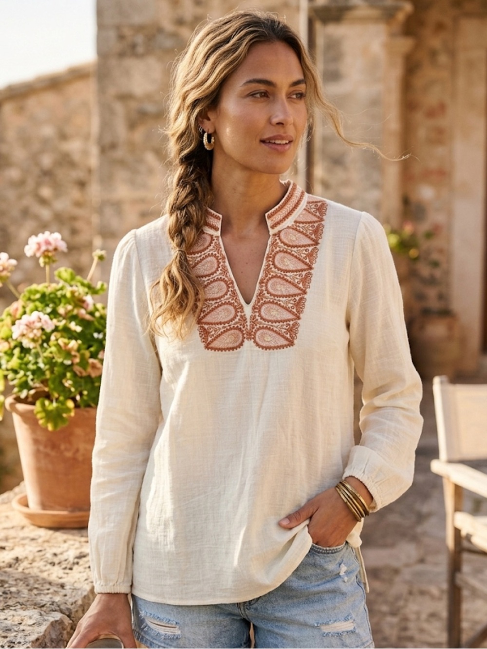 Spartina 449 Embroidered Gauze Tunic Top - Ivory & Rust Paisley - Size XS *NWOT*